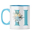 YuBingo Floral Monogram Mug - Initial H Design, Light Blue Inner &amp; Handle (Light Blue Inner &amp; Handle, Tea Cup, 310ML)