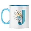 YuBingo Floral Monogram Mug - Initial J Design, Light Blue Inner &amp; Handle (Light Blue Inner &amp; Handle, Tea Cup, 310ML)