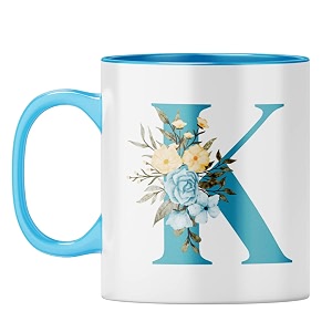 yubingo floral monogram mug - initial k design light blue inner amp handle light blue inner amp handle tea cup 310ml