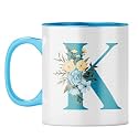 YuBingo Floral Monogram Mug - Initial K Design, Light Blue Inner &amp; Handle (Light Blue Inner &amp; Handle, Tea Cup, 310ML)