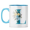 YuBingo Floral Monogram Mug - Initial L Design, Light Blue Inner &amp; Handle (Light Blue Inner &amp; Handle, Tea Cup, 310ML)