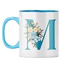 YuBingo Floral Monogram Mug - Initial M Design, Light Blue Inner &amp; Handle (Light Blue Inner &amp; Handle, Tea Cup, 310ML)