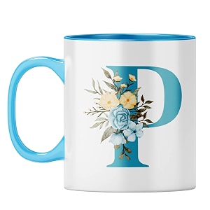 yubingo floral monogram mug - initial p design light blue inner amp handle light blue inner amp handle tea cup 310ml