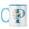 YuBingo Floral Monogram Mug - Initial P Design, Light Blue Inner &amp; Handle (Light Blue Inner &amp; Handle, Tea Cup, 310ML)