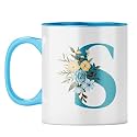 YuBingo Floral Monogram Mug - Initial S Design, Light Blue Inner &amp; Handle (Light Blue Inner &amp; Handle, Tea Cup, 310ML)