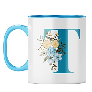 yubingo floral monogram mug - initial t design light blue inner amp handle light blue inner amp handle tea cup 310ml