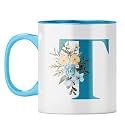 YuBingo Floral Monogram Mug - Initial T Design, Light Blue Inner &amp; Handle (Light Blue Inner &amp; Handle, Tea Cup, 310ML)