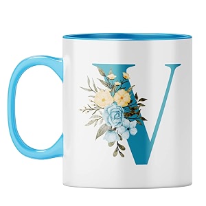 yubingo floral monogram mug - initial v design light blue inner amp handle light blue inner amp handle tea cup 310ml