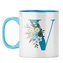 YuBingo Floral Monogram Mug - Initial V Design, Light Blue Inner &amp; Handle (Light Blue Inner &amp; Handle, Tea Cup, 310ML)