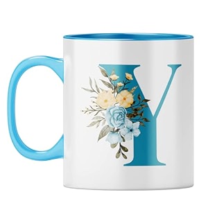yubingo floral monogram mug - initial y design light blue inner amp handle light blue inner amp handle tea cup 310ml