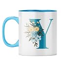 YuBingo Floral Monogram Mug - Initial Y Design, Light Blue Inner &amp; Handle (Light Blue Inner &amp; Handle, Tea Cup, 310ML)