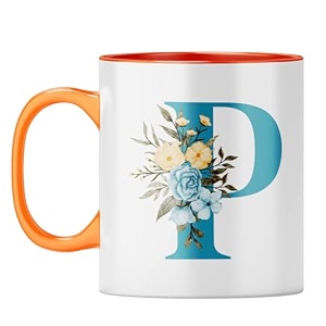 yubingo floral p monogram mug - beautiful gift orange inner amp handle orange inner amp handle tea cup 310ml