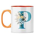 YuBingo Floral P Monogram Mug - Beautiful Gift, Orange Inner &amp; Handle (Orange Inner &amp; Handle, Tea Cup, 310ML)