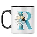 YuBingo Floral R Monogram Mug - Beautiful Gift, Orange Inner &amp; Handle (Orange Inner &amp; Handle, Tea Cup, 310ML)