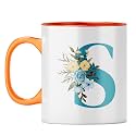 YuBingo Floral S Monogram Mug - Beautiful Gift, Orange Inner &amp; Handle (Orange Inner &amp; Handle, Tea Cup, 310ML)