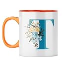 YuBingo Floral T Monogram Mug - Beautiful Gift, Orange Inner &amp; Handle (Orange Inner &amp; Handle, Tea Cup, 310ML)