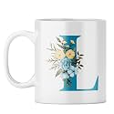 YuBingo Monogram L Mug - Elegant Floral Design, White Ceramic Cup (White Coffee Mug, Tea Cup, 310ML)