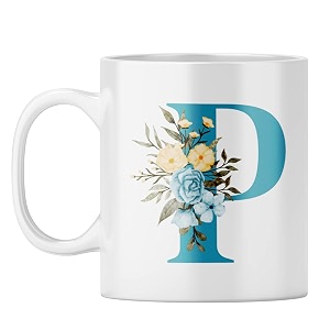 yubingo monogram p mug - elegant floral design white ceramic cup white coffee mug tea cup 310ml