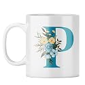 YuBingo Monogram P Mug - Elegant Floral Design, White Ceramic Cup (White Coffee Mug, Tea Cup, 310ML)