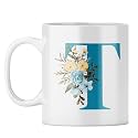 YuBingo Monogram T Mug - Elegant Floral Design, White Ceramic Cup (White Coffee Mug, Tea Cup, 310ML)