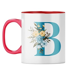 yubingo monogrammed b mug - stylish floral gift red inner amp handle red inner amp handle tea cup 310ml