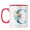 YuBingo Monogrammed C Mug - Stylish Floral Gift, Red Inner &amp; Handle (Red Inner &amp; Handle, Tea Cup, 310ML)