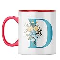 YuBingo Monogrammed D Mug - Stylish Floral Gift, Red Inner &amp; Handle (Red Inner &amp; Handle, Tea Cup, 310ML)