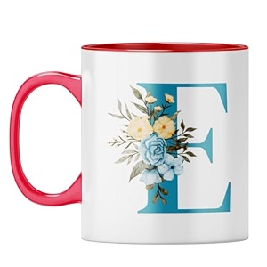 yubingo monogrammed e mug - stylish floral gift red inner amp handle red inner amp handle tea cup 310ml