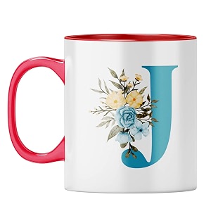 yubingo monogrammed j mug - stylish floral gift red inner amp handle red inner amp handle tea cup 310ml