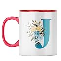 YuBingo Monogrammed J Mug - Stylish Floral Gift, Red Inner &amp; Handle (Red Inner &amp; Handle, Tea Cup, 310ML)
