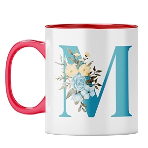 yubingo monogrammed m mug - stylish floral gift red inner amp handle red inner amp handle tea cup 310ml
