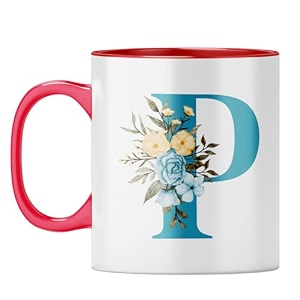 yubingo monogrammed p mug - stylish floral gift red inner amp handle red inner amp handle tea cup 310ml