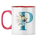 YuBingo Monogrammed P Mug - Stylish Floral Gift, Red Inner &amp; Handle (Red Inner &amp; Handle, Tea Cup, 310ML)