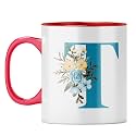 YuBingo Monogrammed T Mug - Stylish Floral Gift, Red Inner &amp; Handle (Red Inner &amp; Handle, Tea Cup, 310ML)
