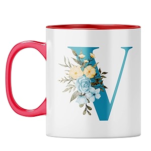 yubingo monogrammed v mug - stylish floral gift red inner amp handle red inner amp handle tea cup 310ml