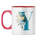 YuBingo Monogrammed Y Mug - Stylish Floral Gift, Red Inner &amp; Handle (Red Inner &amp; Handle, Tea Cup, 310ML)