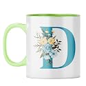 YuBingo Personal Initial Mug - Elegant D Design, Light Green Inner &amp; Handle (Light Green Inner &amp; Handle, Tea Cup, 310ML)