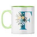 YuBingo Personal Initial Mug - Elegant F Design, Light Green Inner &amp; Handle (Light Green Inner &amp; Handle, Tea Cup, 310ML)
