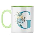 YuBingo Personal Initial Mug - Elegant G Design, Light Green Inner &amp; Handle (Light Green Inner &amp; Handle, Tea Cup, 310ML)