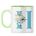YuBingo Personal Initial Mug - Elegant H Design, Light Green Inner &amp; Handle (Light Green Inner &amp; Handle, Tea Cup, 310ML)