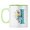 YuBingo Personal Initial Mug - Elegant I Design, Light Green Inner &amp; Handle (Light Green Inner &amp; Handle, Tea Cup, 310ML)