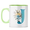 YuBingo Personal Initial Mug - Elegant J Design, Light Green Inner &amp; Handle (Light Green Inner &amp; Handle, Tea Cup, 310ML)