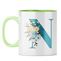 YuBingo Personal Initial Mug - Elegant N Design, Light Green Inner &amp; Handle (Light Green Inner &amp; Handle, Tea Cup, 310ML)
