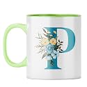 YuBingo Personal Initial Mug - Elegant P Design, Light Green Inner &amp; Handle (Light Green Inner &amp; Handle, Tea Cup, 310ML)