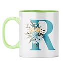 YuBingo Personal Initial Mug - Elegant R Design, Light Green Inner &amp; Handle (Light Green Inner &amp; Handle, Tea Cup, 310ML)