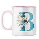 YuBingo Personalized Floral Mug - Elegant B Monogram, Pink Inner &amp; Handle (Pink Inner &amp; Handle, Tea Cup, 310ML)