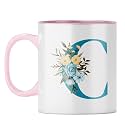 YuBingo Personalized Floral Mug - Elegant C Monogram, Pink Inner &amp; Handle (Pink Inner &amp; Handle, Tea Cup, 310ML)