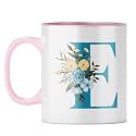 YuBingo Personalized Floral Mug - Elegant E Monogram, Pink Inner &amp; Handle (Pink Inner &amp; Handle, Tea Cup, 310ML)
