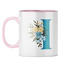 YuBingo Personalized Floral Mug - Elegant I Monogram, Pink Inner &amp; Handle (Pink Inner &amp; Handle, Tea Cup, 310ML)