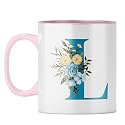YuBingo Personalized Floral Mug - Elegant L Monogram, Pink Inner &amp; Handle (Pink Inner &amp; Handle, Tea Cup, 310ML)
